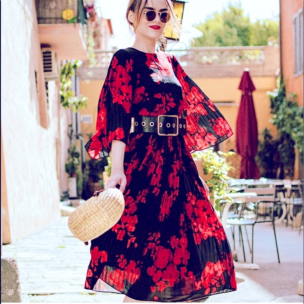 H&M Floral Black & Red Flutter Sleeve Pleat Skirt midi dressSize 4.